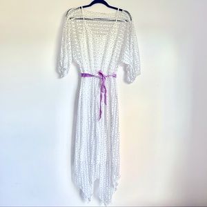 EUC VINTAGE COTTAGECORE SHEER STRAIGHT NECK WHITE DRESS WITH PURPLE FLOWERS